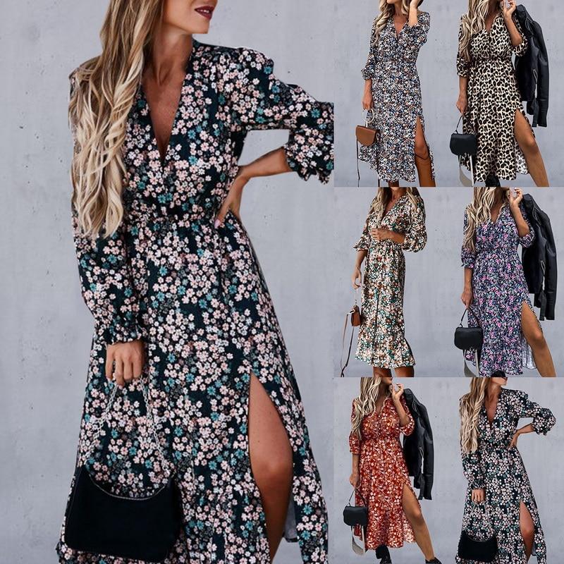 

2020Autumn V Neck Long Floral Dress For Women Slim Long Sleeve Casual Split Print Dress Female Boho Elegant Maxi Party Vestidos, Blue