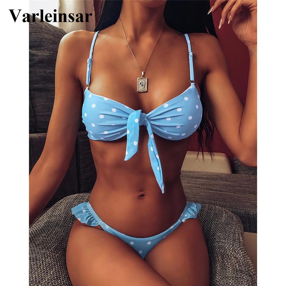

Sexy Blue Bow Polka Dot Bikini Women Swimwear Female Swimsuit Two-piece Bikini set Brazilian Bather Bathing Suit Swim V1672 Y200319