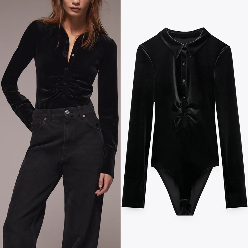 

2021 New Vintage  Velvet Bodysuit Women Autumn Winter Fashion Collared Ruched Ladies Elegant Sexy Long Sleeve Bodysuits Top Uc74, Black