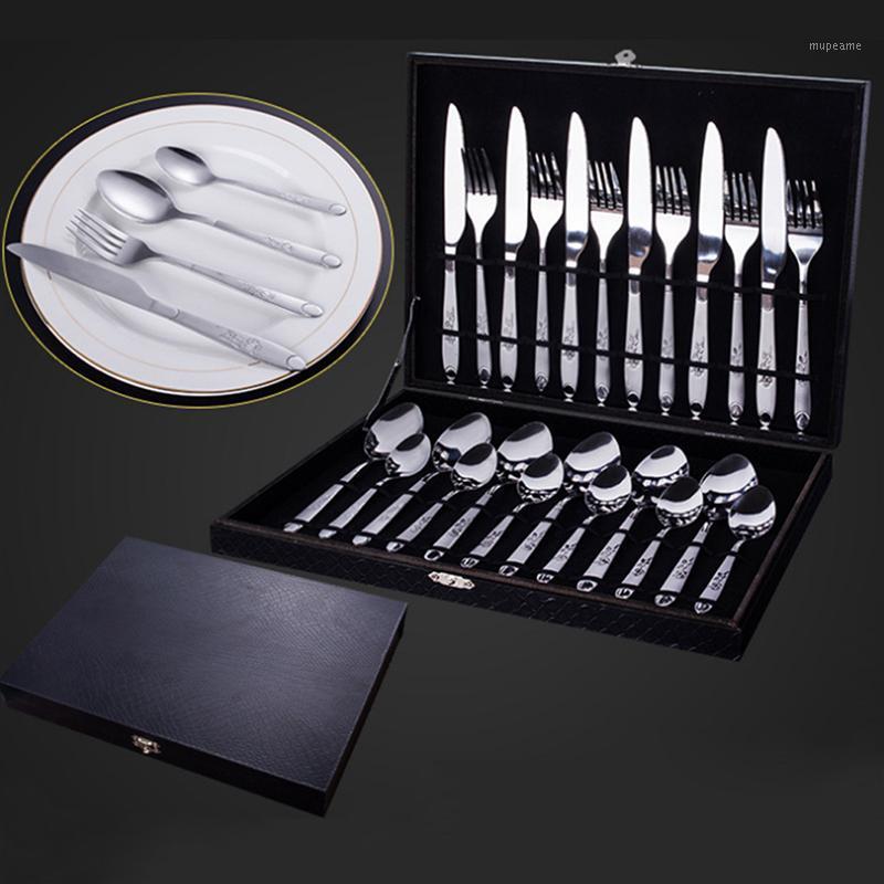 

24Pcs Dinnerware Stainless Steel Steak Coffee Cutlery Accessories Supplies Artificial Leather Packing(Handle Random)1