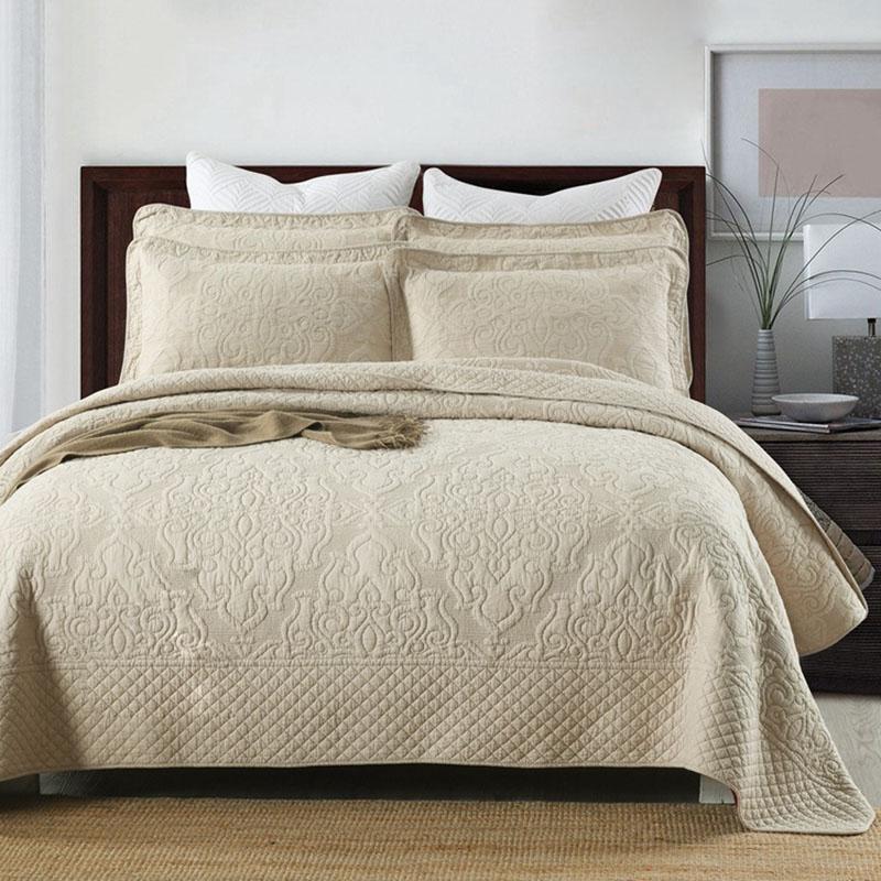 

Solid Color Cotton Bedspread Quilt Set 3-Piece Coverlet Embroidered Bed Cover Pillowcase  Queen Size Summer Blanket, Beige