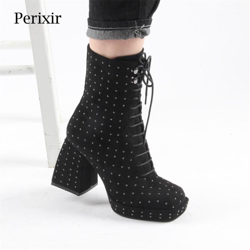 

Perixir Women's Ankle Boots High Heels Black Flock Rivet Shoes Vintage Block Heel Platform Boots Side Zipper Female Autumn Shoes1