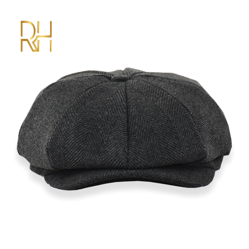 

Tweed Newsboy Cap Men Wool Herringbone Flat Cap Winter Grey Striped Male British Style Gatsby Hat Adjustable RH, Black
