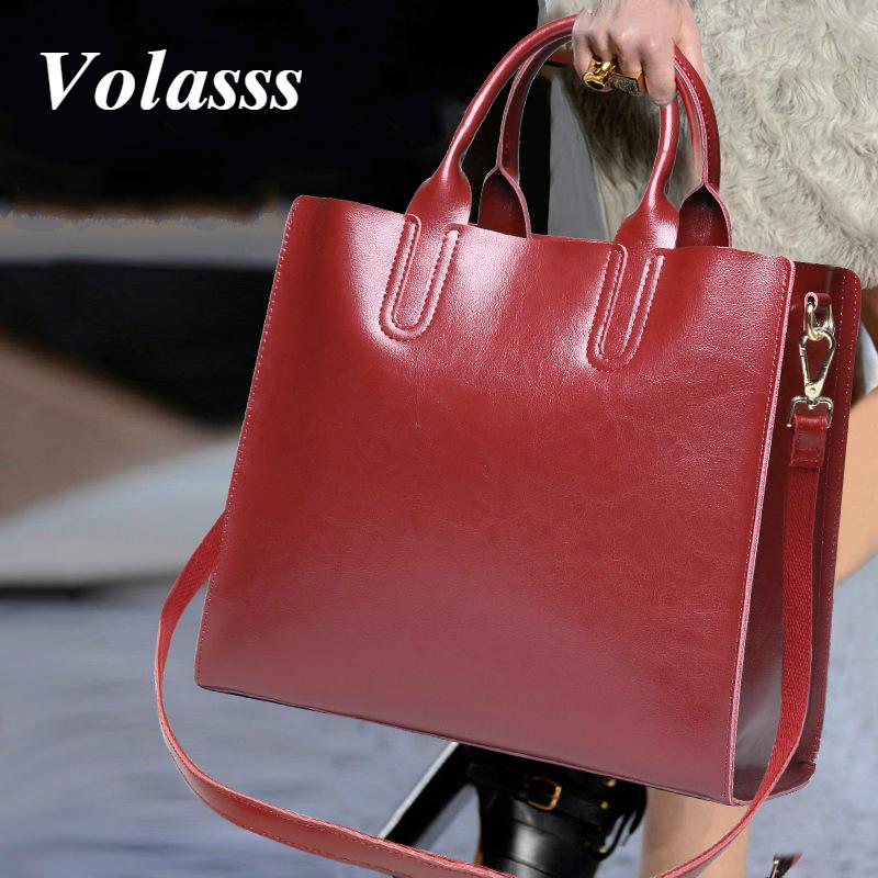 

VOLASSS Red Bags For Women Cowhide Shoulder Bag Female Fashion 2021 Oil Wax Leather Large Capacity Women Handbags Bolsos Mujer, Black