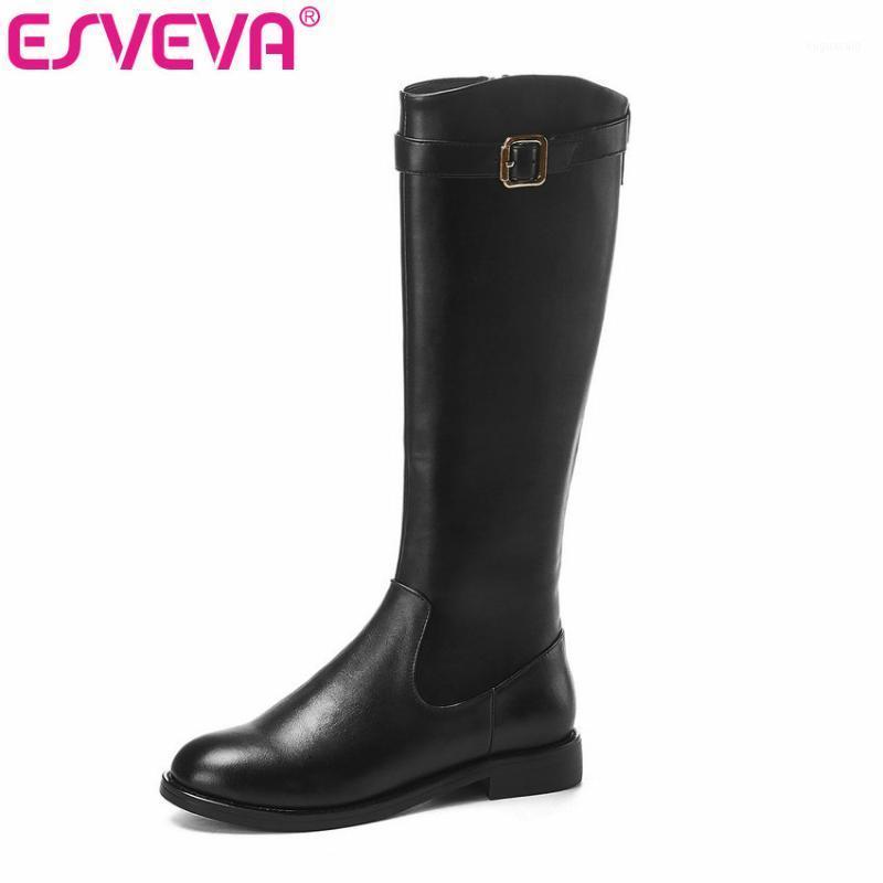 

ESVEVA 2020 Shoes Women Knee-high Boots Square Low Heel Winter Cow Leather+PU Boots Shoes Size 34-43 Winter Motorcycle1, Black