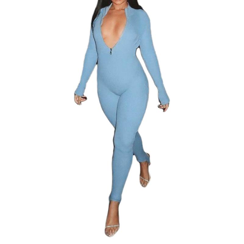 

woman rompers Female Jumpsuit Solid Color deep V-collar Long Sleeve Bodysuit Romper for Women zipper decoration Tight Fabric, Blue