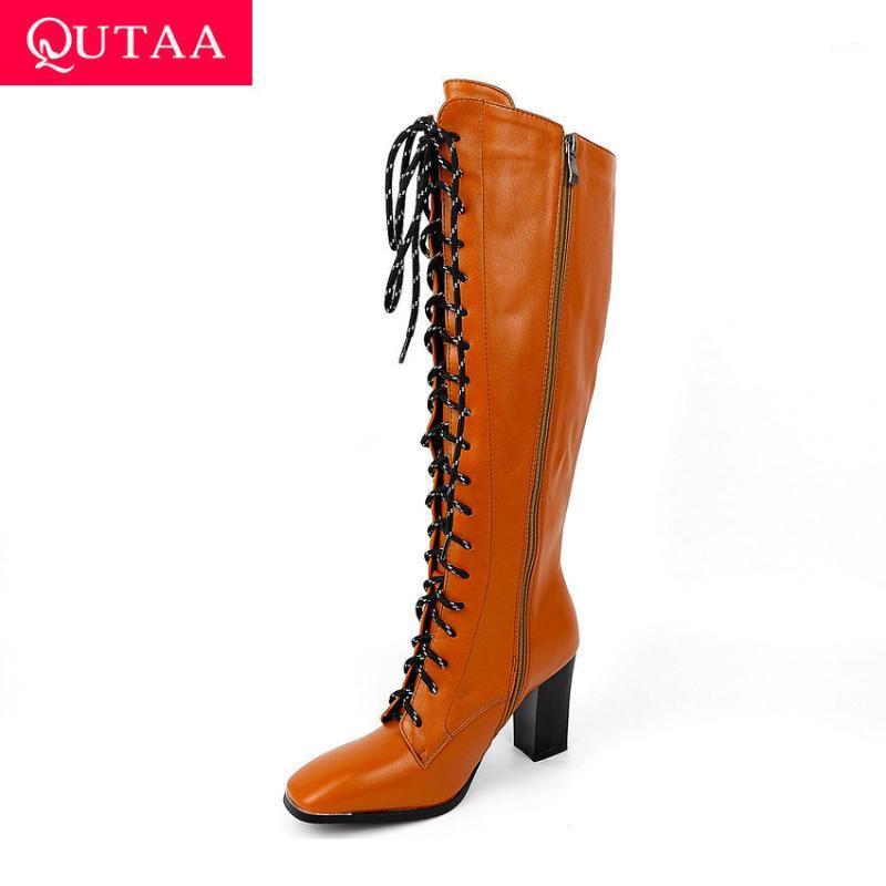 

QUTAA 2021 Retro Square Toe Knee High Women Boots Square High Heel Lace Up Zipper Women Shoes PU Leather Long Boots Size 34-431, Black