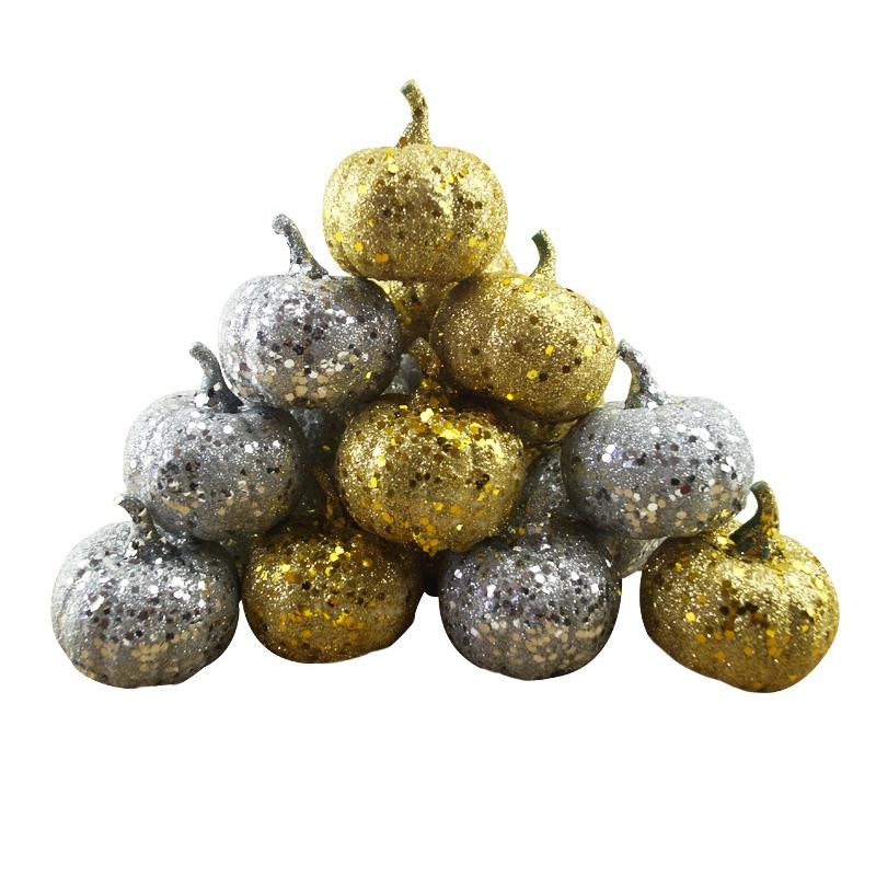 

24Pcs Simulation Glittering Pumpkin Set Silver Gold Small Round Pumpkin Halloween Decor Thanksgiving Prop Party Supplies, Green
