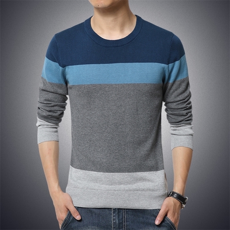 

Autumn Casual Men's Sweater O-Neck Striped Slim Fit Knittwear Mens Sweaters Pullovers Pullover Men Pull Homme M-3XL 201105, Black