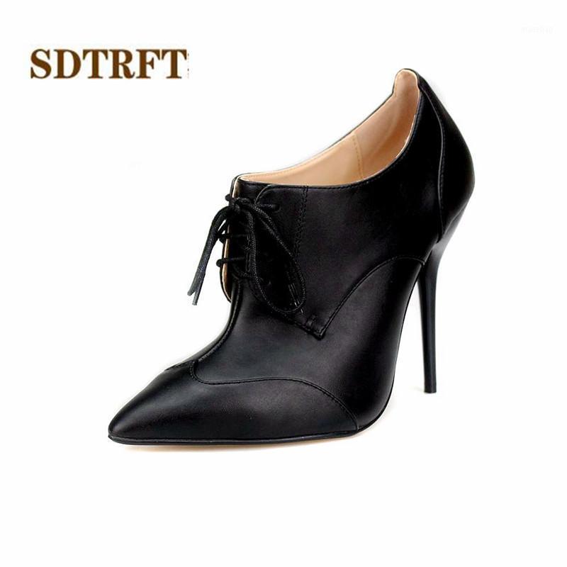 

SDTRFT Spring Atumn Pointed Toe Ankle boots 12cm thin high heels shoes woman zapatos mujer Fashion Lace-up pumps bota feminina1, Black