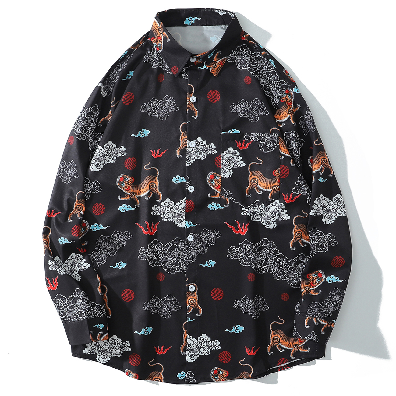 

2021 New Hip Hop Funny Tiger Print Long Sleeve Men Harajuku Streetwear Hawaiian Beach Shirts Cotton Oversized Holiday Button Shirt X1ki, Black