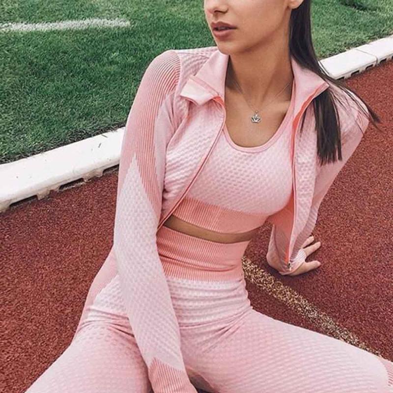 

New Ladies Yoga Sports Zip Outerwear Bra and Pants Set Outdoor Running Fitness Sports Yoga Set womens tracksuit Sportswear, Pink bra