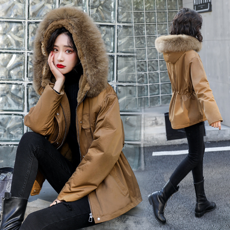 

2021 New fashion short cotton parkas jackets women adjustable zipper waist fur collar thick winter coat warmhooded parka VRV4, Dark geen
