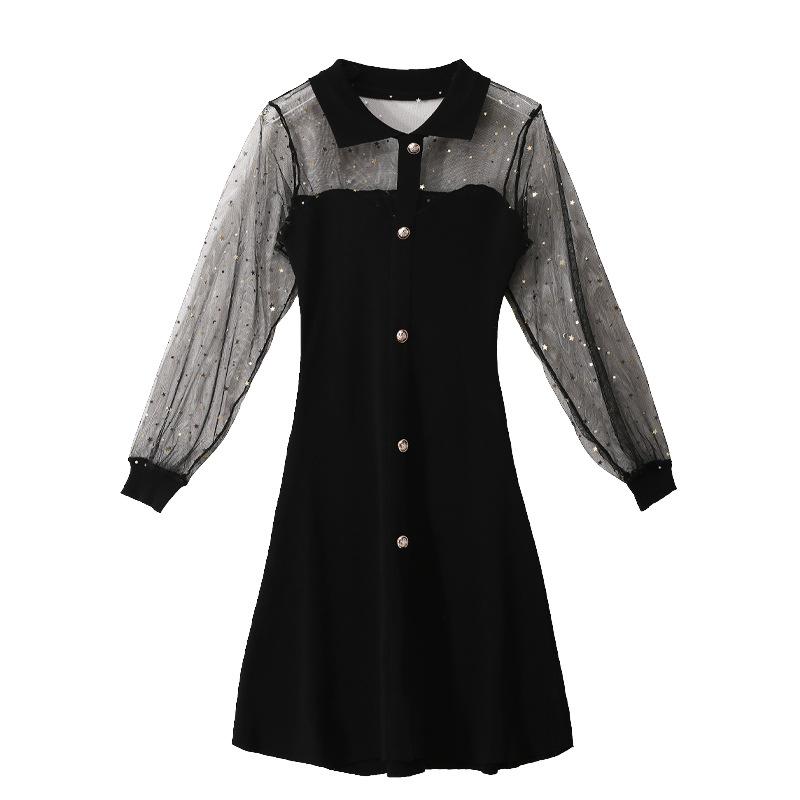 

Black Sheer Mesh Kintted Dress Women Autumn Spring Elegant Fitted High Waist Mini Short Dresses EVenign Party Sexy Vestidos
