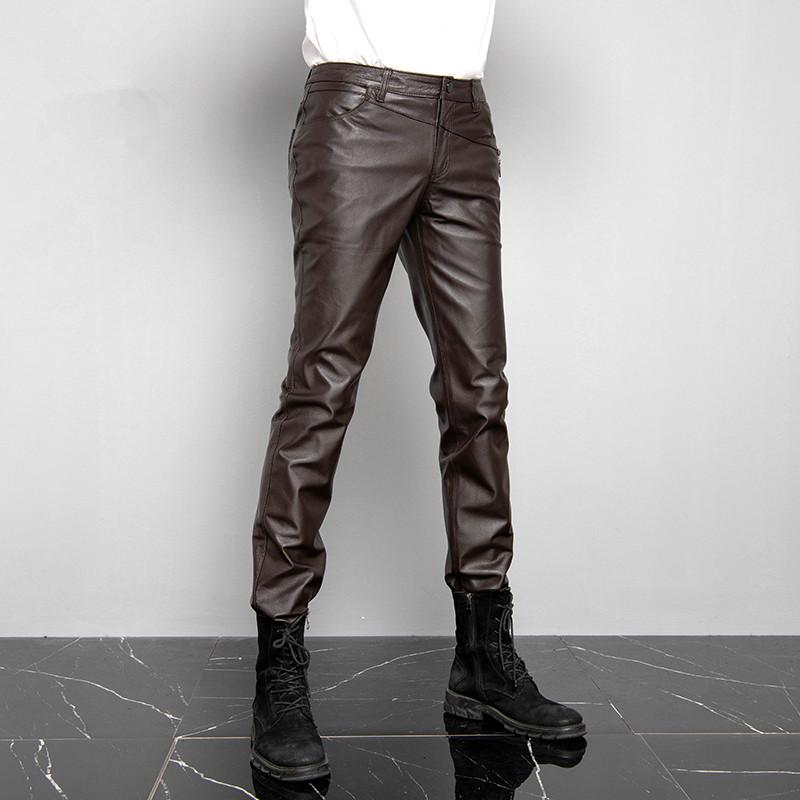 

Genuine Leather Pants For Men Real Leather Sheepskin Motorcycle Biker Vintage Black Brown Male Trousers Fashion Pants Plus Size