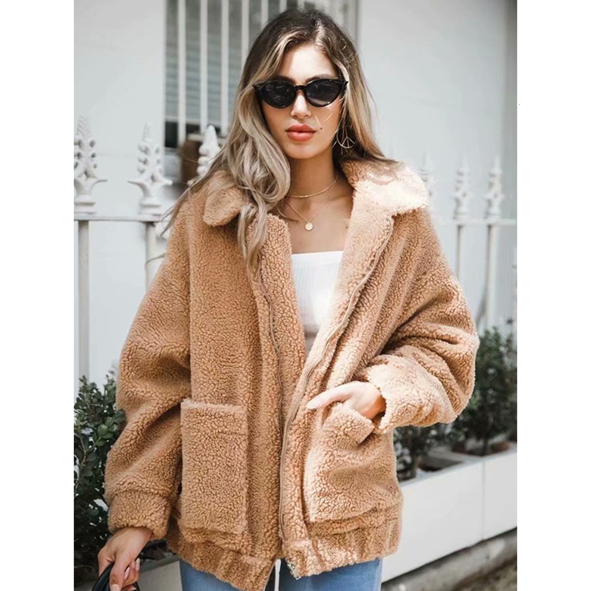 

2021 New Solid Faux Jacket Women Clothes Long Sleeve Lapel Zipper Pockets Warm Fur Coat Casual Vintage Laswool Cardigan Bj9s, Red