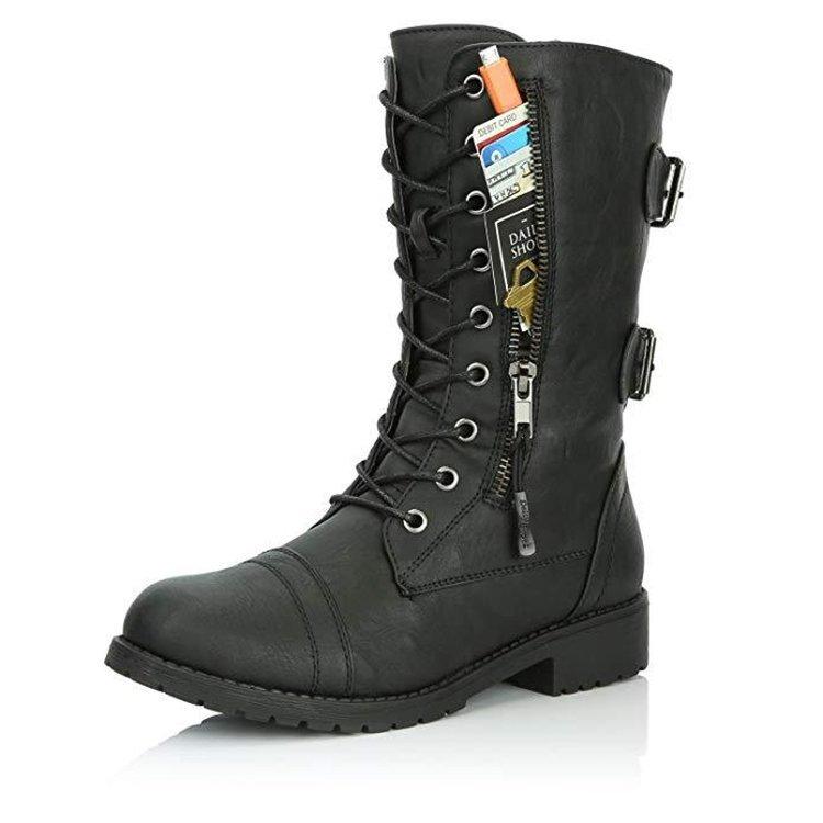 

Women's Boots Fashion Autumn Winter Middle Tube Metal Buckle Belt Decorative Zip Pocket, Black