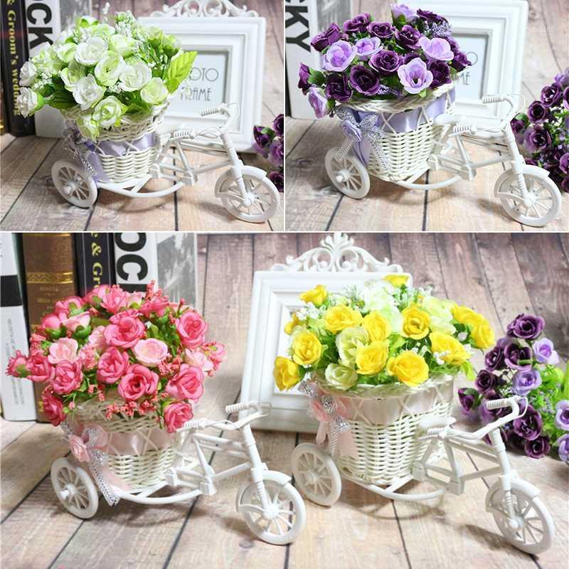 

Rattan Bicycle Flower Rattan Plastic Artificial Floret Bicycle Woven Basket Fake Silk Flower Diamond Rose Set Wedding Decoration1
