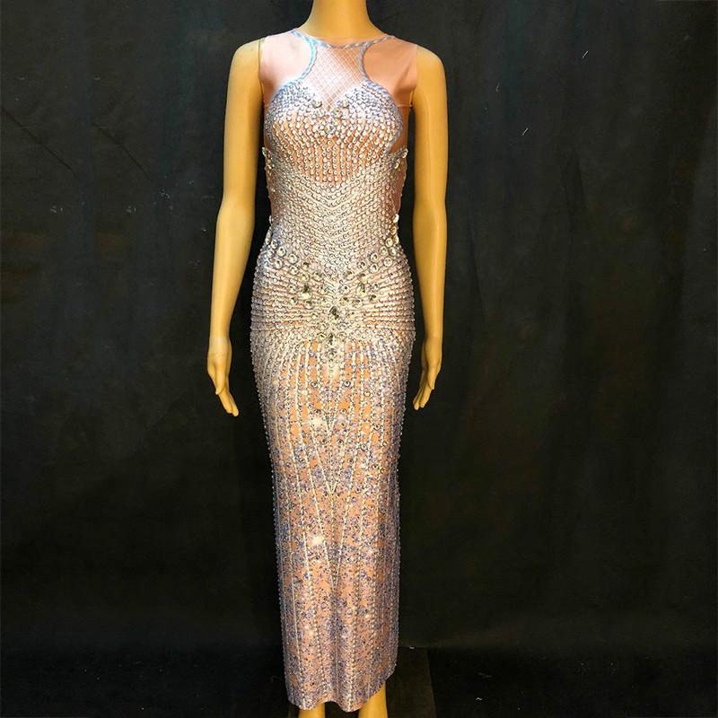 

Women Stage Long Dress Full of Sparkling Rhinestone Nightclub Party Birthday Celebration Clothing for Singer Stage Wear Costumes, Multi