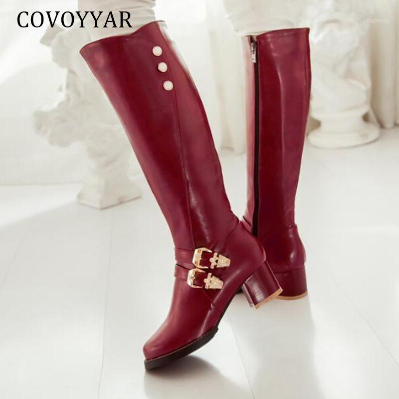 

COVOYYAR 2020 Winter Knee High Boots Women Heeled Warm Women Boots Short Plush Pearl Buckle Booties Shoes Woman Black WBS21301, Red