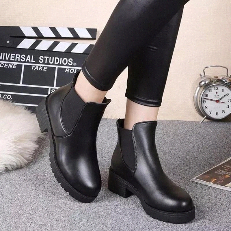 

Spring autumn winter shoes women boots 2020 new slip-on square heel ankle boots female solid round toe shoe woman boot botas #Ls9y, Black