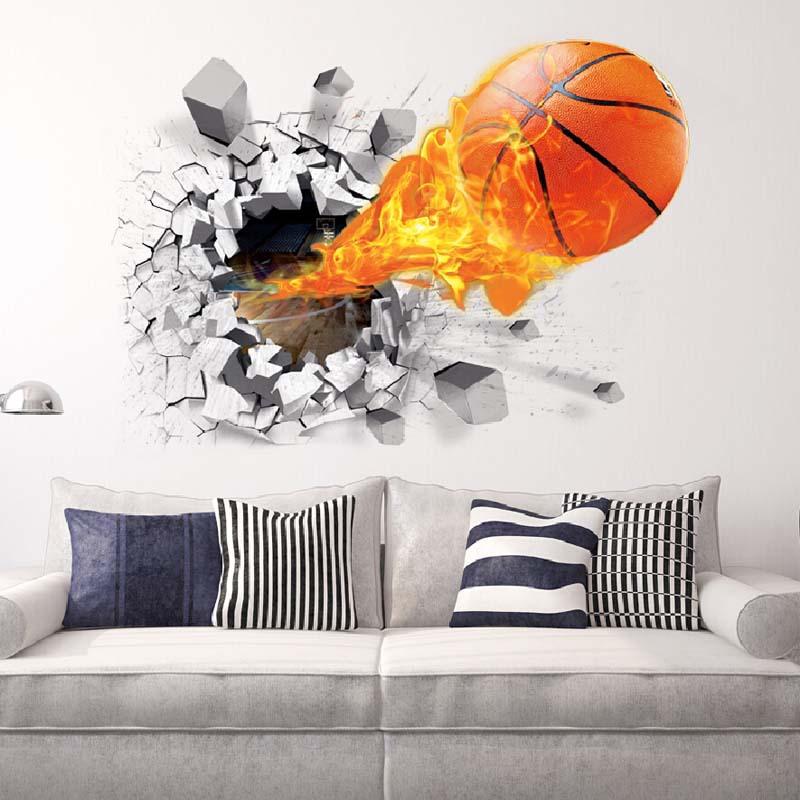 

3D Broken Wall Basketball Football stickers for kids rooms TV background wall stickers removable creative decorative (50cm*70cm