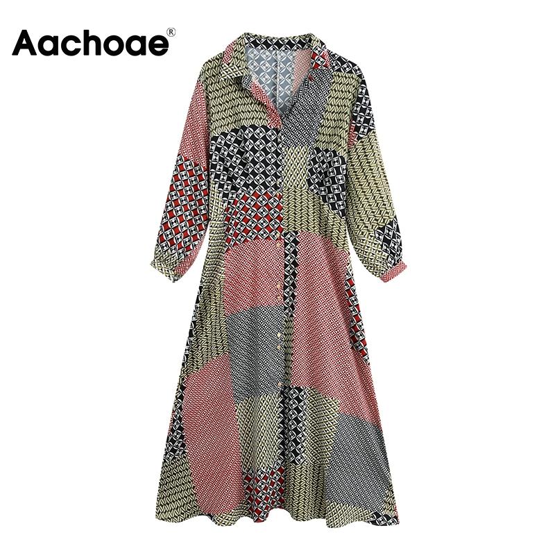 

Aachoae Women Chic Patchwork Printed Shirt Dress Vintage Three Quarter Sleeve Split Dresses Turn Down Collar Office Midi Dress, Print