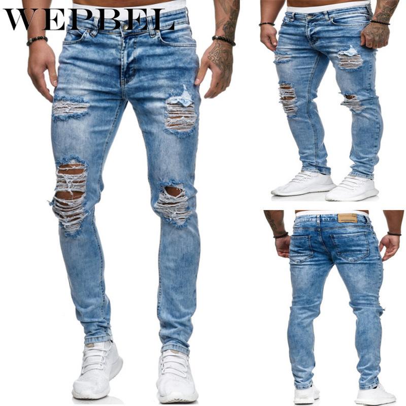 

WEPBEL Men' Fashion Skinny Pant Casual Ripped Hole Jeans Slim Denim Pants Pencil Denim Trousers, Blue