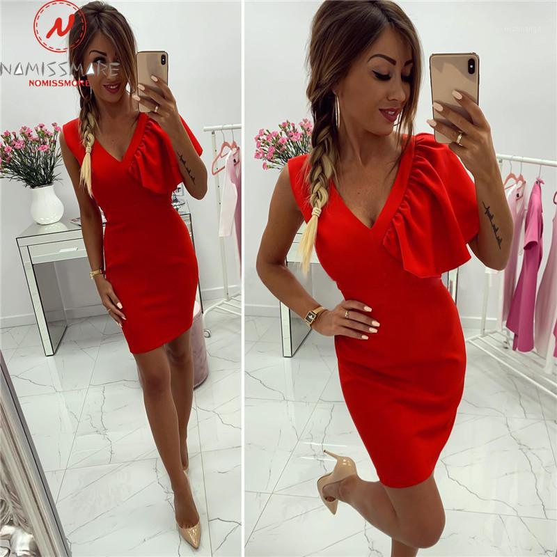 

Elegant Women Bodycon Dress Patchwork Design Ruffles Decor V-Neck Sleeveless Solid Summer Mini Slim Hips Dress for Streetwear1, Black;gray