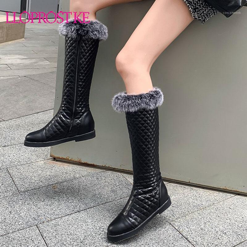 

Lloprost ke large size 33-43 fashion knee high boots women round toe ladies winter boots faux fur flat platform 2020 new1, Black