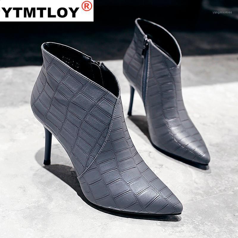

2020 New Autumn Women Fine Heel High Heel Short Boots Pointed Stiletto Snow Boots Fashion Ankle Women Shoes Zip Black Gray1