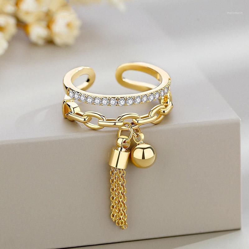 

ZHOUYANG Tassel Pendant Open Rings For Women Chinese Style Little Ball Zircon Double Layer 2 Color Gifts Fashion Jewelry KBR3831