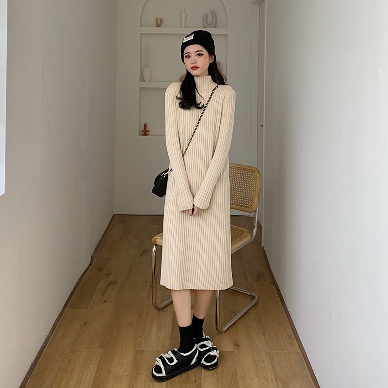 

2021 New Korean Female Style Solid Mesh Mock Neck Pit Pattern Loose Mid-dress Office Lady in Straight Winter Dress I9YB, Coffee