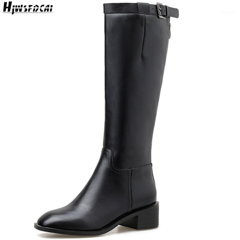 

Hjwsfdcai Belt Buckle Women Mid Calf Boots Winter Round Toe Zipper Ladies Knight Boots Fashion Street Style Platform Women Shoes1, Black