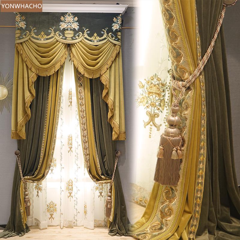 

Custom curtains elegant luxury embroidery French thick coffee Green velvet cloth blackout curtain tulle valance drape B802, Tulle sheer