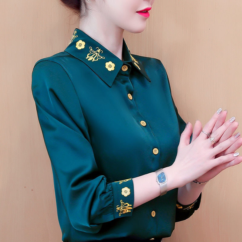 

Women's Office Shirt Chiffon Thin Blouse Casual Size Long Sleeve Mrs. Autumn Shirts Plus Velvet Tops R783 2mxr, Dark green.