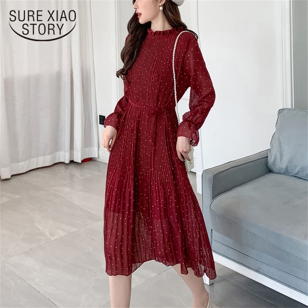 

Burgundy Vintage Women Dot Chiffon Dress Spring Long Sleeve Flare Sleeve Pleated Belt Elegant Mid-calf Long Midi Dresses LJ200824, Black;gray