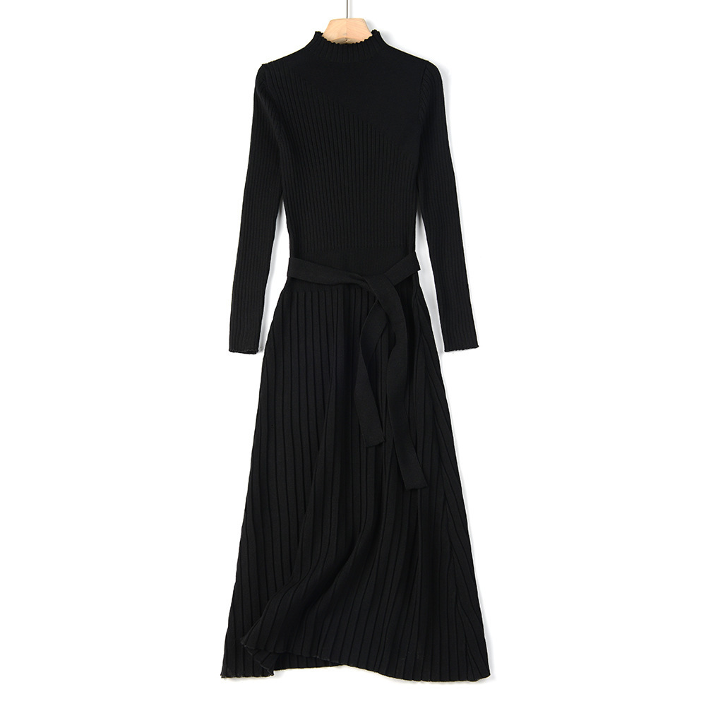 

2021 New Turtleneck Long Women Autumn Winter Warm Dress with Sashes a Line Knitted Pullover Sweater Dresses Pull Femme Nvi1, Black