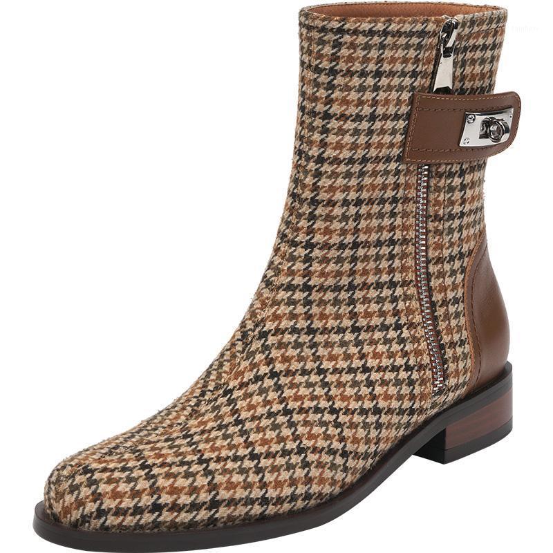 

Women's genuine leather Plaid fabric patchwork side zip autumn flats ankle boots round toe casual warm plush short boots shoes1, Brown