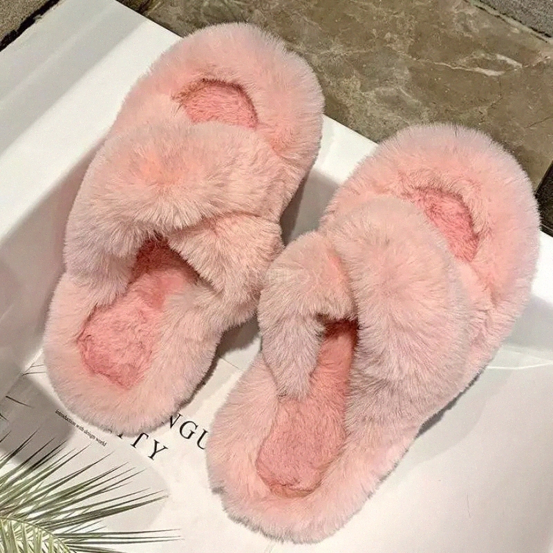 

Women Slippers Pink Winter Warm Soft Fluffy Fur Home Fashion Non Slip Flat Plush Bedroom House Shoes Slides Zapatillas Mujer Cas #VN9x