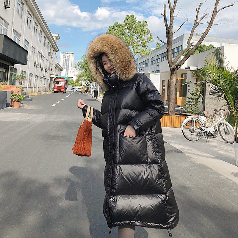 

2021 New Real Big Skin Long Winter Female Jacket White Down Loose Jackets with Hood Thick, Wind-proof Hot Parka VT5W, Black fur collar