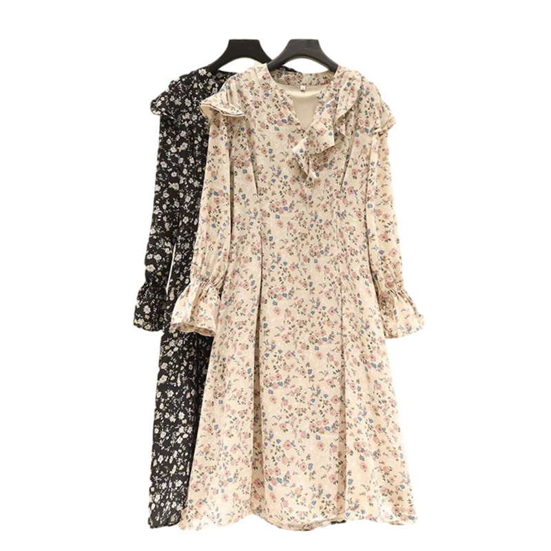 

New Elegant Women Ruffles V-neck 2021 Fashion Ladies Floral Print Streetwear Female Chic Waist-controlled Es 87ll, Black