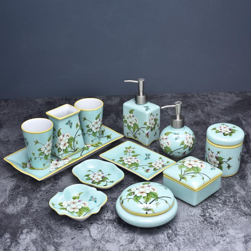 

American Painted Ceramic Sanitary Ware Five-piece European-style Bathroom Brushing Cup Soap Dish Lotion Bottle Washing Set Gift