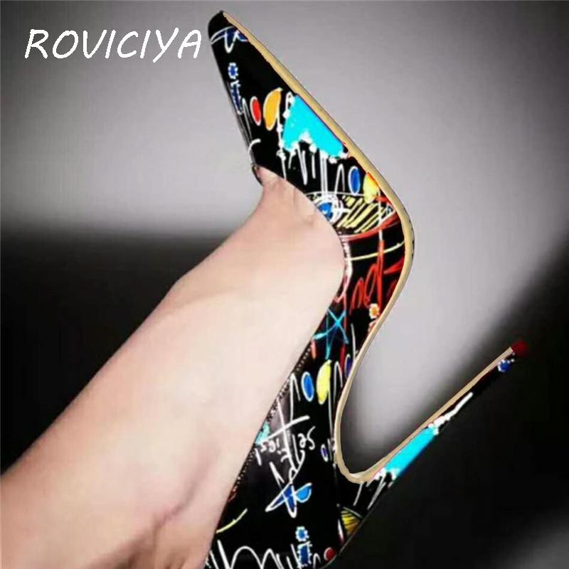 

Black Graffiti Colorful Women Pumps Sexy Women High Heels Wedding Party Shoes Stilettos 12 cm QP026 ROVICIYA, Black-8cm
