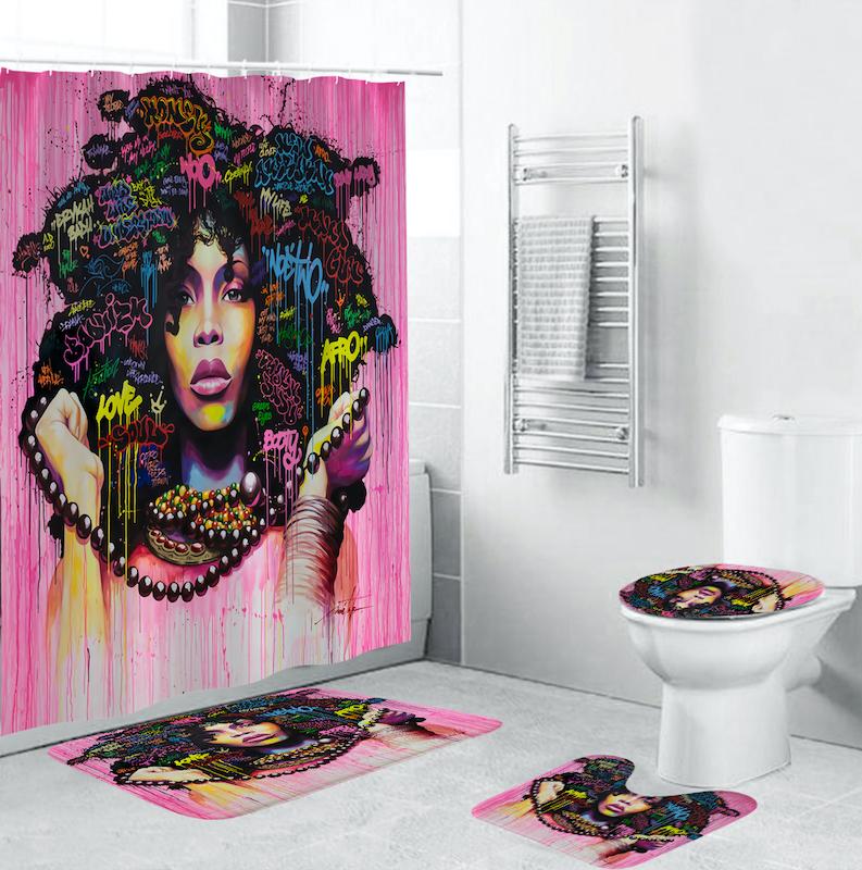 

Four-Piece Beauty Pattern Non-Slip Polyester Gauze Set Mat Bathroom Shower Curtain Bathroom Decoration Can Be Washed Water