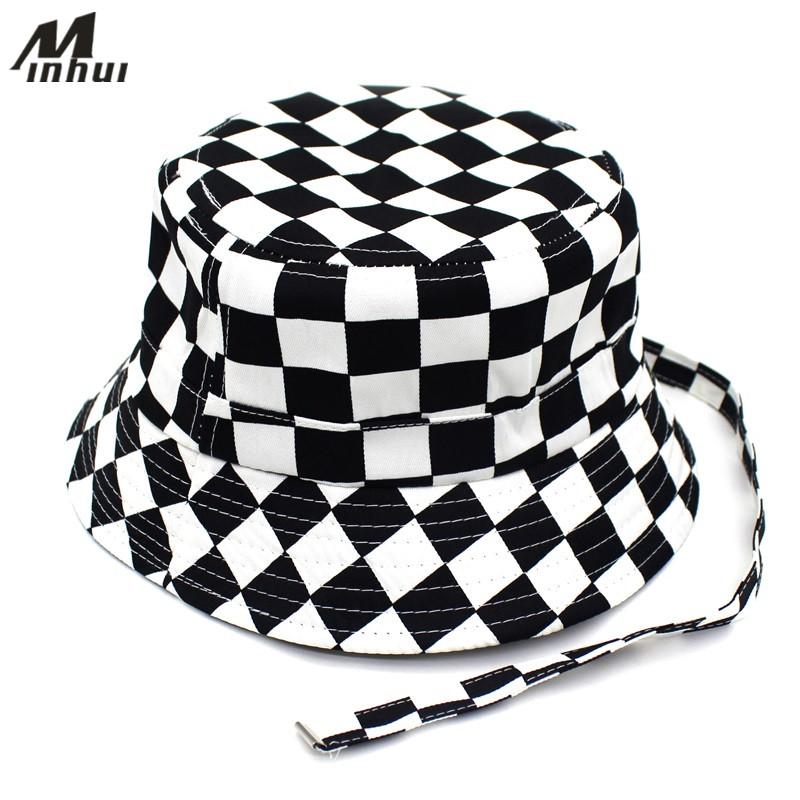 

Minhui 2020 New Black White Plaid Bucket Hats for Men Flat Fishing Cap Women Hip Hop Caps Hat
