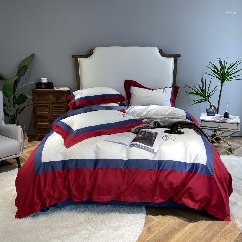 

Red And Blue Splicing Luxury Bedding Set 1000TC Egyptian Cotton Duvet Cover Flat Sheet Pillowcases 4pcs1, 11