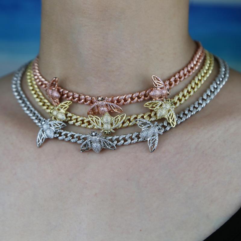 

high quality honeybee charm Miami cuban link choker women necklace 5A cz cubic zirconia animal hip hop fashion choker necklace