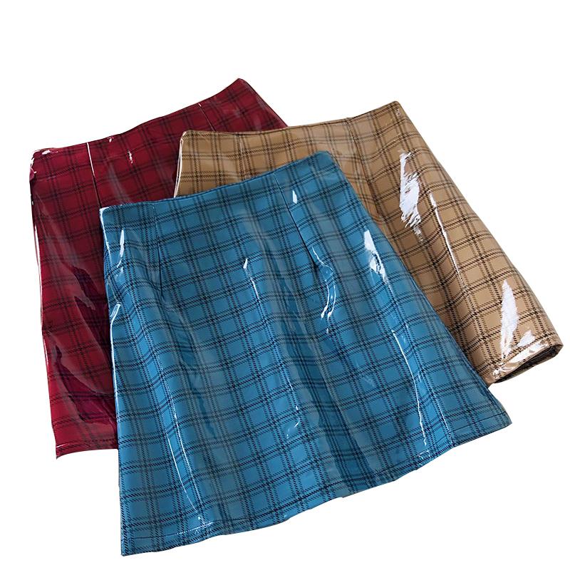 

Women' Plaid Leather Skirt 2020 Autumn Korean A-line High Waist Mini Skirts Fashion Elegant Slim Short Skirts Vintage, Blue