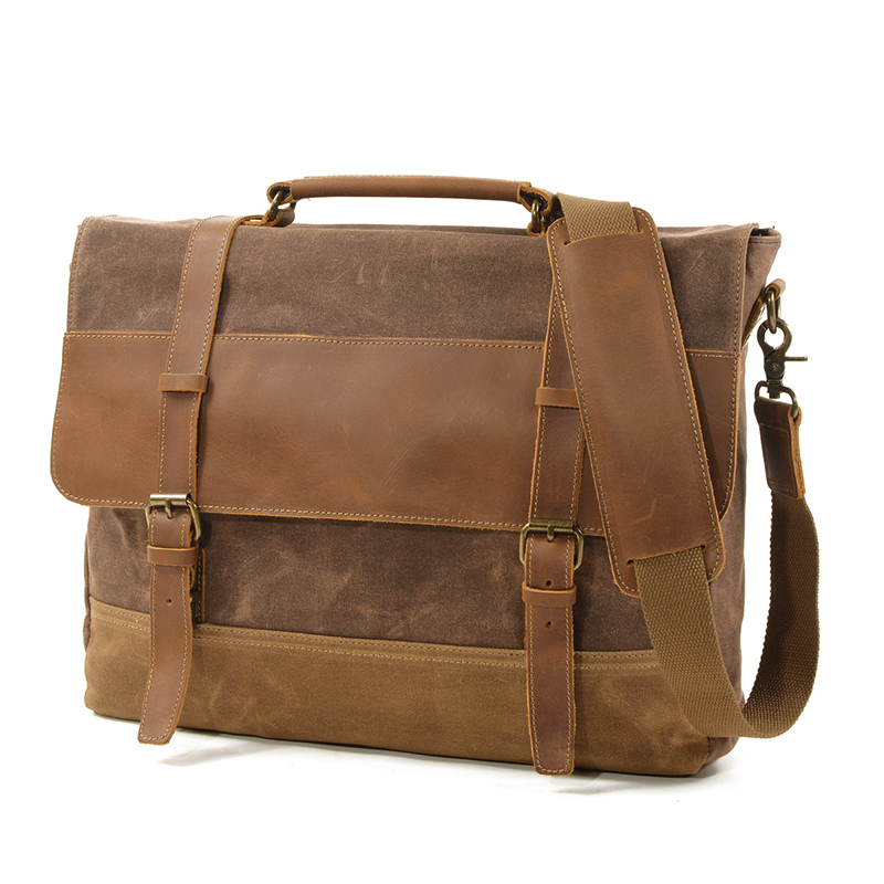 

SOAEON Messenger Bag Waterproof Canvas Leather Men Vintage Handbags Large Satchel Shoulder Bags 15" Computer Laptop Briefcase, Dark grey